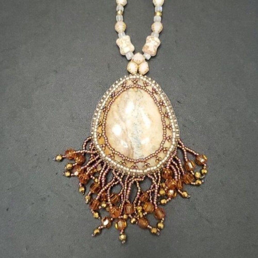 Silver jasper beaded necklace 25" statement seed bead